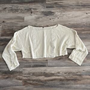 Free People Cream Knit Crochet Lace Crop Top Women’s XL Boho Long Sleeve
